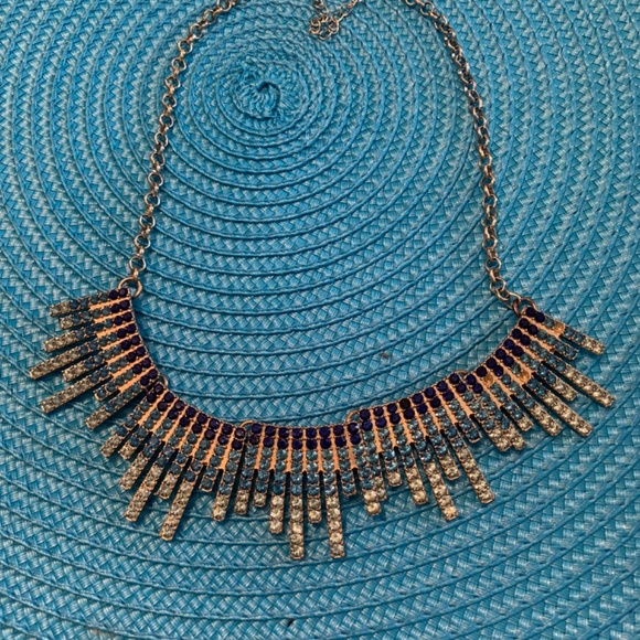 Goldtone Bib Necklace with Teal and White Stones - Picture 4 of 9